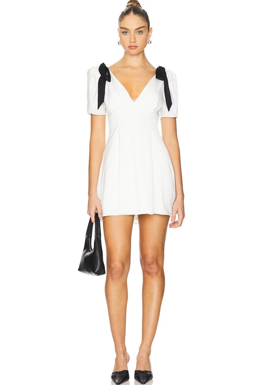 Majorelle Veronica Mini Dress Ivory Black Bow Puff Sleeve Fit Flare Deep V Neck